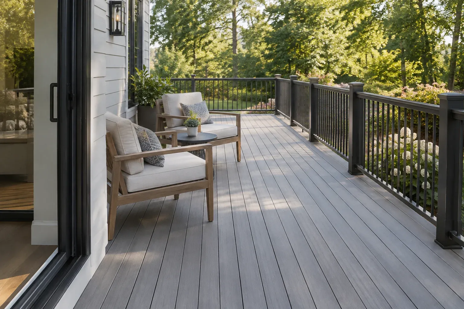 Illustrative lounge seating placed beside an open route from a house door across a deck.