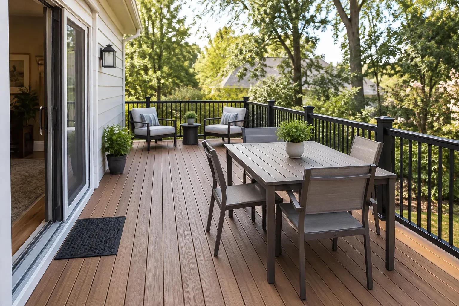 Illustrative residential deck with separate dining and lounge furniture and an open route from the house.