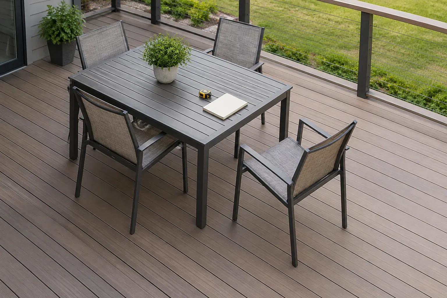 Illustrative deck dining arrangement with one chair pulled back and open space behind it.